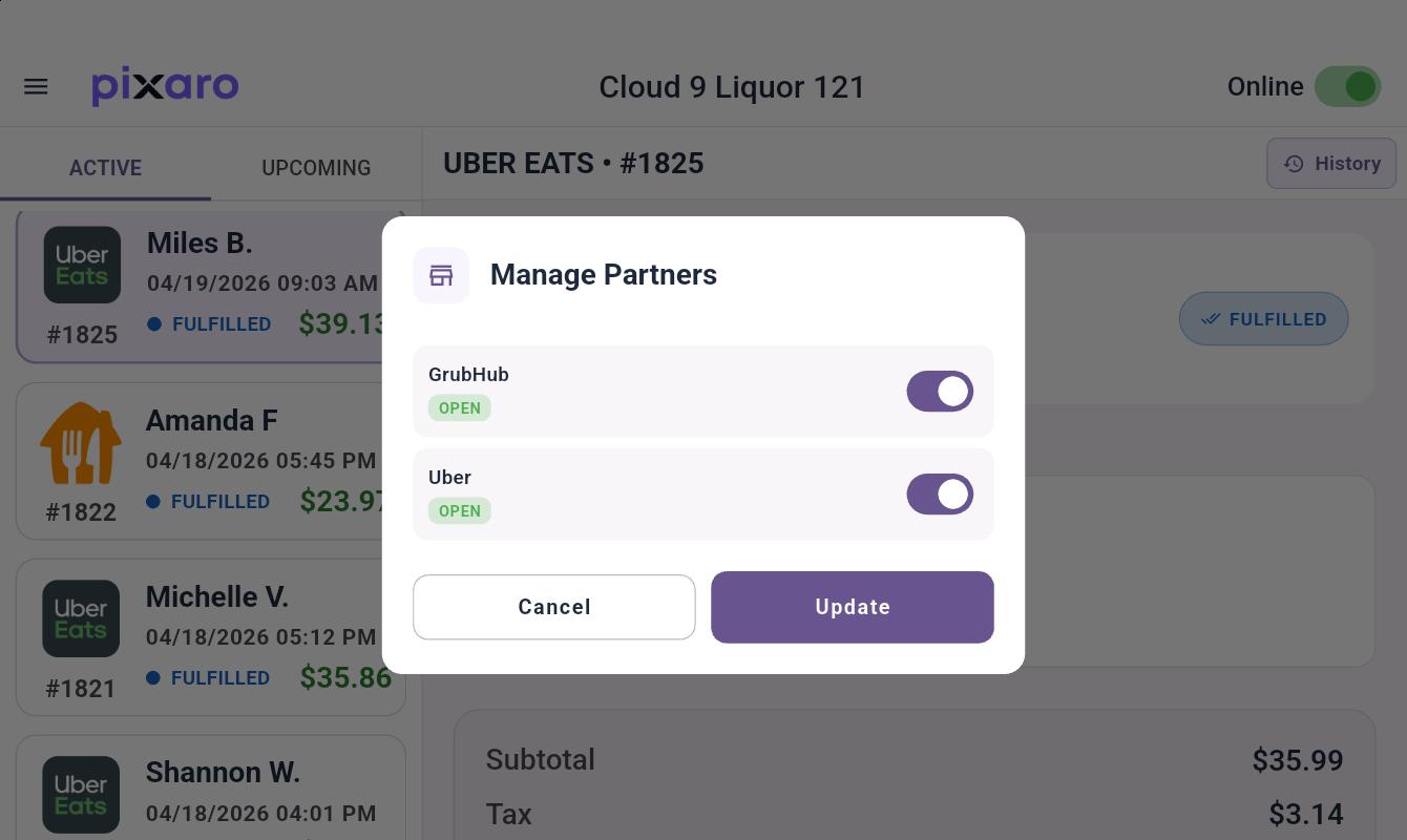Pixaro Manage Partners modal with Grubhub and Uber Eats both toggled OPEN