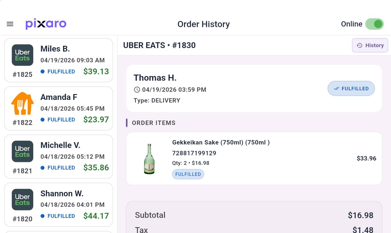 Pixaro Order History showing past Uber Eats orders for Cloud 9 Liquor with the Thomas H. order opened