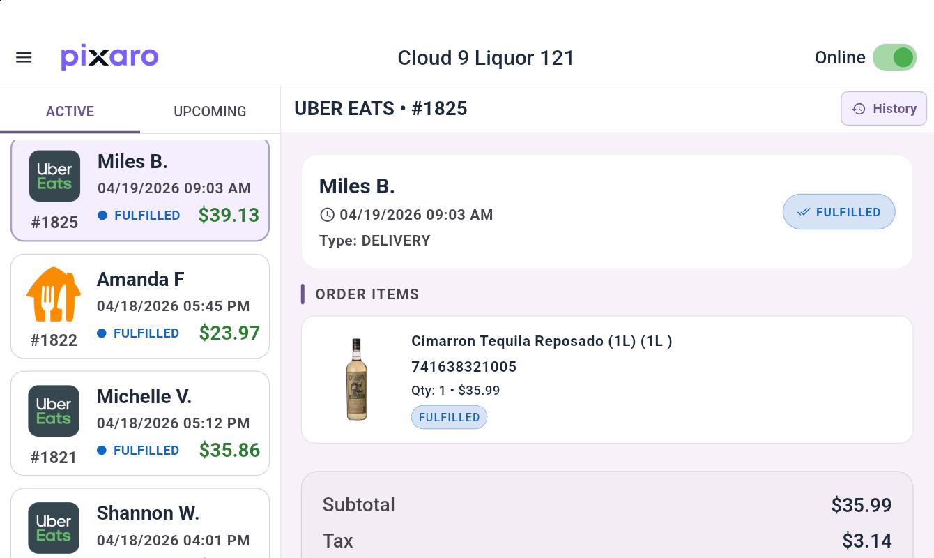 Pixaro Order Management — unified queue with active Uber Eats orders and live order detail for Cloud 9 Liquor