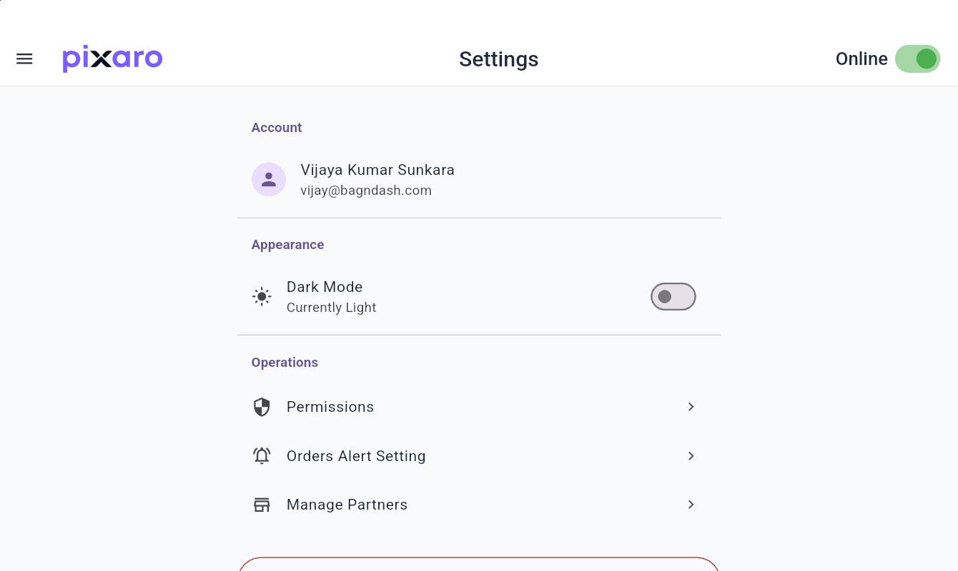 Pixaro Settings page with Account, Appearance (Dark Mode), and Operations (Permissions, Orders Alert Setting, Manage Partners)